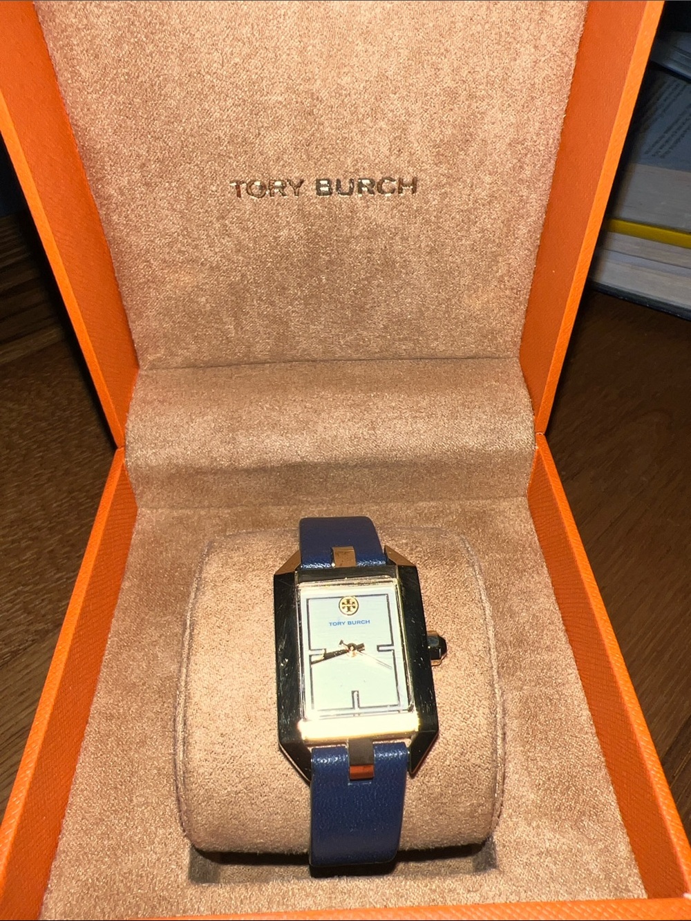 Tory Burch Gold-Tone Rectangular Watch with Navy Blue Strap tbw1163 new